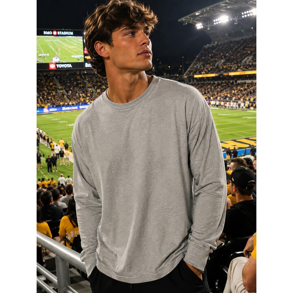 Melrose Place Mens Long Sleeve T-Shirt Heather Grey Crew Neck Size L